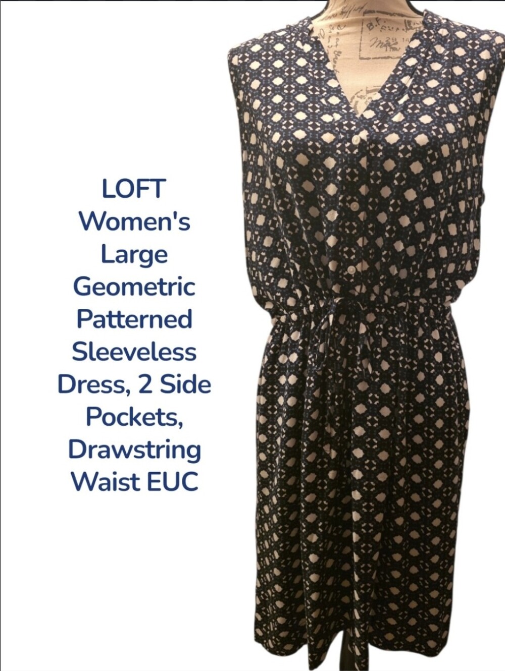 LOFT Blk/Blue/Cream Geometric Sleeveless Drawstring Waist Midi Dress Large Euc